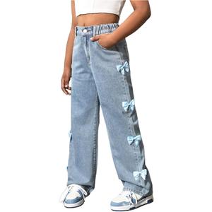 WDIRARA Girl's Cute Bowknot Elastic Waist Jeans High Waisted Straight Leg Denim Pants, Blue Size 12yrs