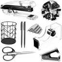 Office Desk AccessoriesOffice Supplies Set Acrylic Stapler Set Staple Remover, Tape Holder, Pen Holder, 2 Ballpoint Pen, Scissor, Binder Clips, Paper Clips and 1000pcs Staples(Black)