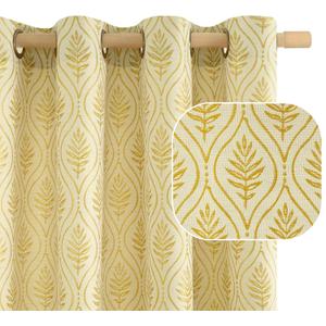 BGment Mustard Yellow Linen Curtains for Living Room, French Country Leaf Jacquard Botanical Pattern Cottage Core Boho Vintage Light Filtering Semi Sheer Linen Curtains, 2 Panels, 52 x 84 Inch