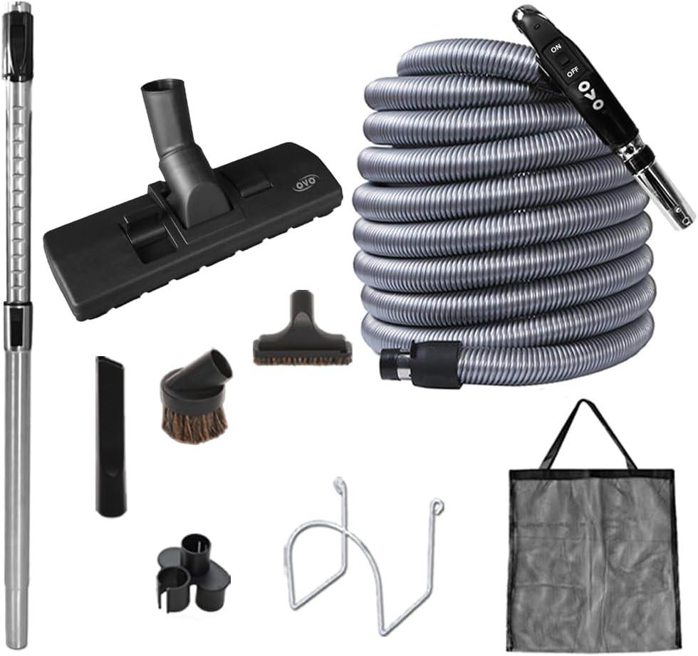 OVO Central Vacuum Standard Kit, with 30ft Low-Voltage Hose, ON/Off Control at The Handle, 12 Combo Brush and Accessories, for Hard Surfaces and Carpets, B 30', Black, (KIT-LV30S)