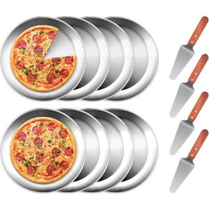 tchrules 12 Inch Pizza Pan Set of 8, Stainless Steel Pizza Tray, Round Non-Stick Coating Pizza Plate for Oven Kitchen Baking Home Restaurant, Dishwasher Safe Silver