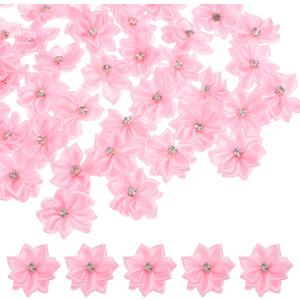M METERXITY 150-pack Pink Satin Ribbon Flowers, 1.2 Inch Mini Fabric Flowers with Rhinestones for Crafts, Weddings, Holidays