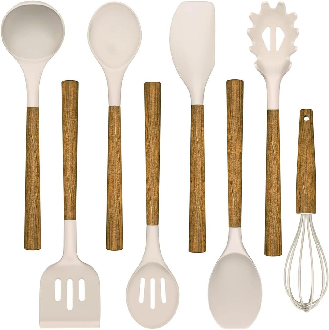 Silicone Cooking Utensil Set,Umite Chef 8-Piece Kitchen Utensils Set with Natural Acacia Wooden Handles, Silicone Kitchen Gadgets and Spatula Set for Nonstick Cookware - Khaki