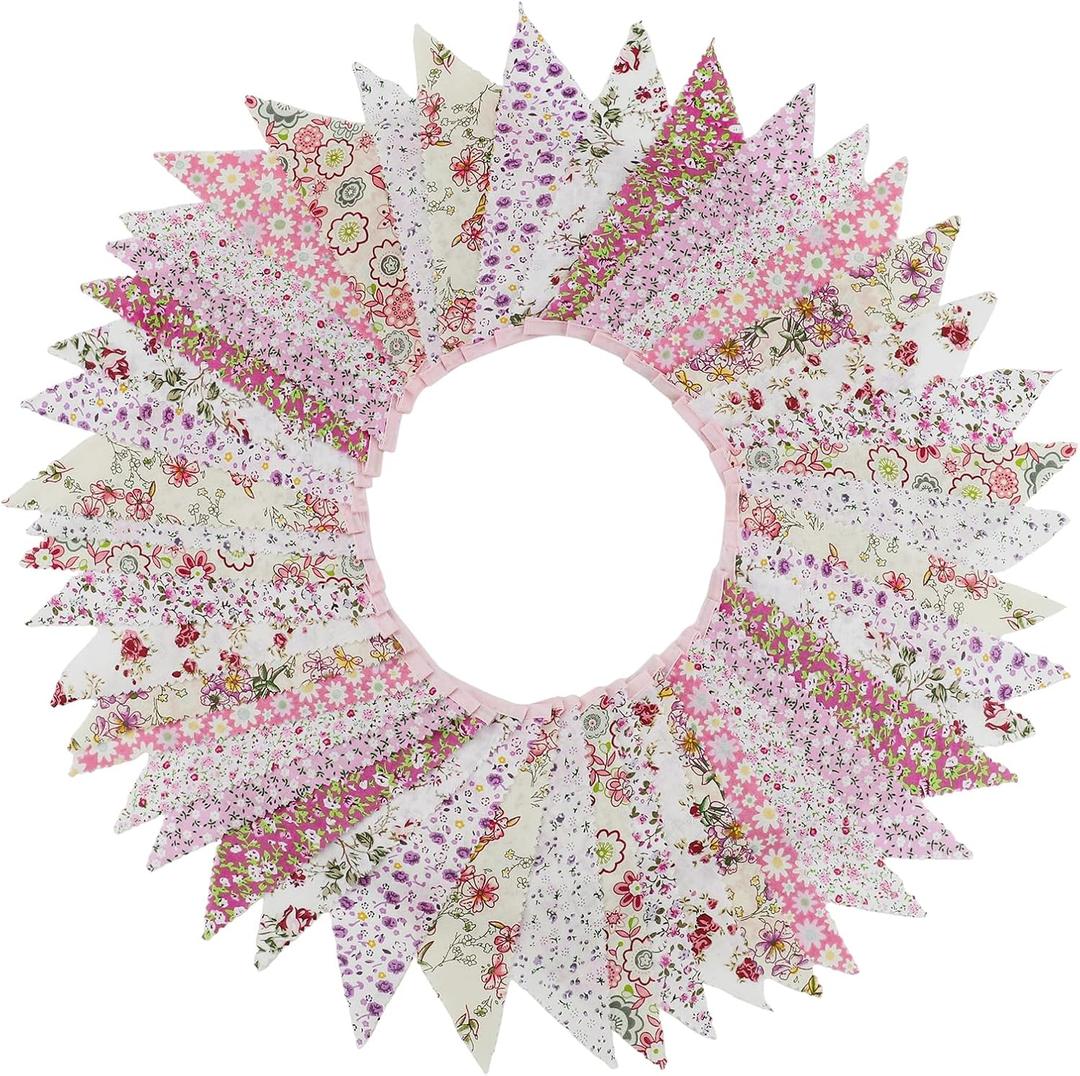 15M/50Ft Triangle Bunting Banner, 45 Pcs Pink Cotton Fabric Flags Mothers Day Vintage Garland Decorations for Baby Shower Birthday Garden Party Wedding Wall Decor