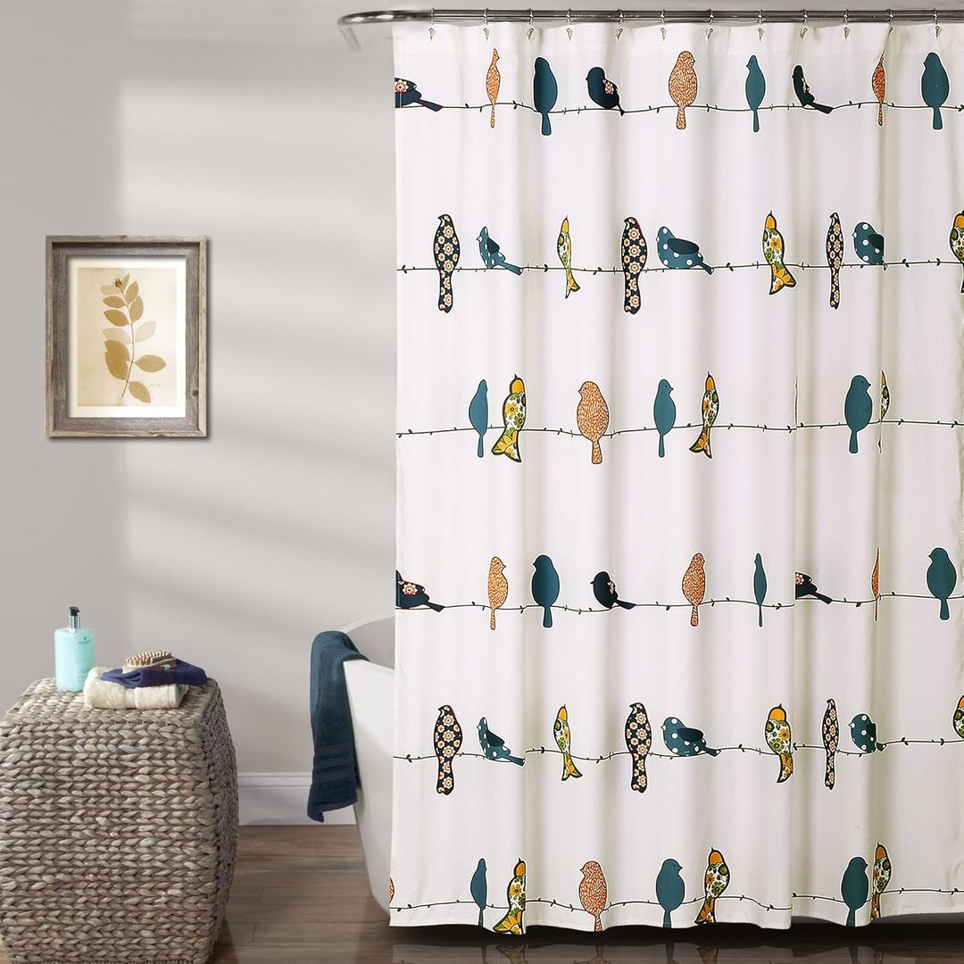 Lush Decor Rowley Birds Shower Curtain, 72 W x 72 L, Multi - Colorful Floral Bird Pattern - Whimsical & Playful Bird Shower Curtain - Farmhouse, Coastal, & Boho Bathroom Decor