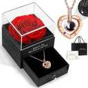 HEGUD Preserved Real Rose with I Love You Necklace in 100 Language, Eternal Flowers Rose for Mom Women Wife Girlfriend Grandma-Red