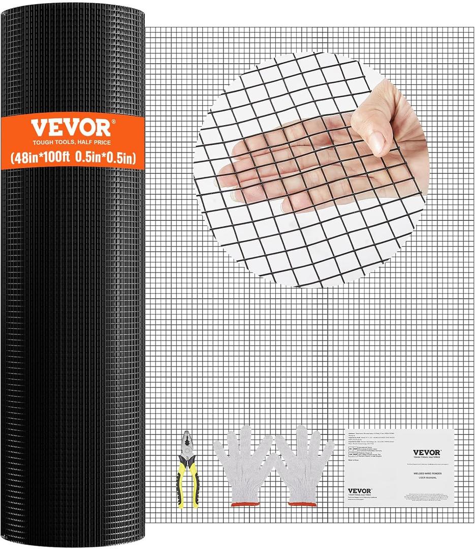 VEVOR Hardware Cloth, 48'' x 100' 1/2inch Galvanized Wire Mesh Roll, 19 Gauge Chicken Wire Fencing Roll, Vinyl Coating Metal Wire Mesh for Chicken Coop Barrier, Rabbit Snake Fences, Poultry Enclosures
