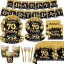 70th Birthday Decorations Tableware Set, 142Pcs Black and Gold Cheers to 70 Years 1954 Birthday Party Supplies Plates Napkins Cups Banner Tablecloth for Men Women Happy 70th Birthday Decorations