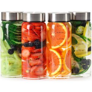 16oz Glass Juice Bottles  4 Pack Reusable Wide Mouth Bottles with Stainless Steel Lids & Cleaning Brush, BPA-Free Water Bottles for Juicing, Smoothies, Milk, and Protein (480ml)