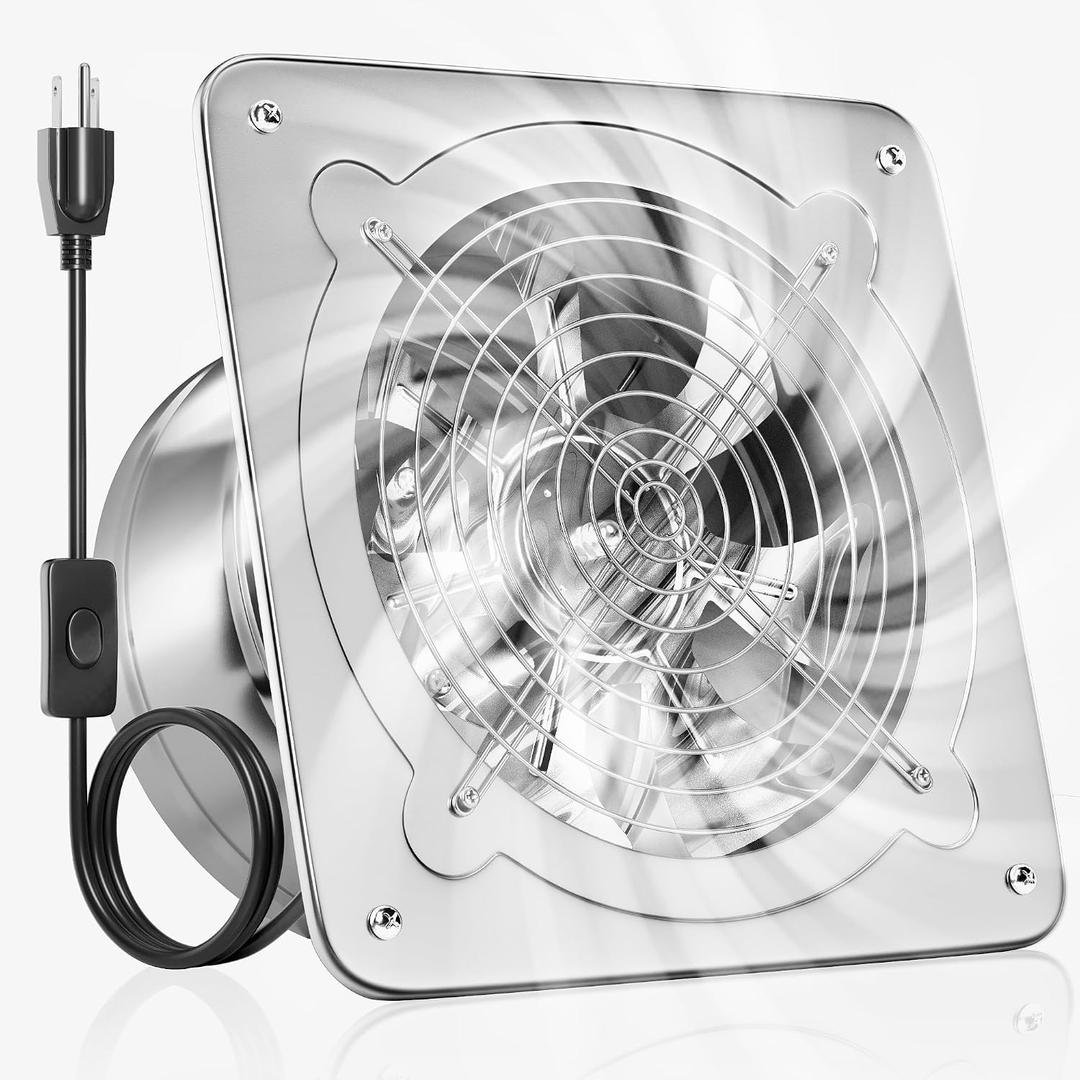 Voltset 10-Inch Industrial Exhaust Fan, 988 CFM Vent Fan for Garage with Power Cord Plug-in & Switch, Powerful Shop Ventilation, Fume Extractor Fan for Greenhouse Shed Smoking House, Silver