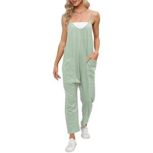 DEEP SELF Women's Loose Casual V Neck Sleeveless Jumpsuits Adjustable Spaghetti Straps Harem Long Pants Overalls With Pockets XXL