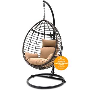Hanging Egg Chair with Stand - Indoor Outdoor Patio Wicker Rattan Lounge Chair with Stand, Steel Frame, Washable Cushions for Garden Backyard Deck Sunroom - SereneLife SLGZ0EGBR.3 (Brown)