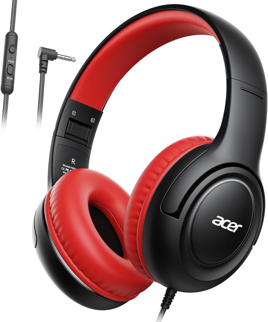 acer Kids Headphones - Over-Ear 85/94dB Volume Limiter, 3.5mm Jack Foldable Stereo Sound Headset for Toddlers Girls Boys Travel Learning Entertainment Tablet Kindle iPad PC Black Red, HK03