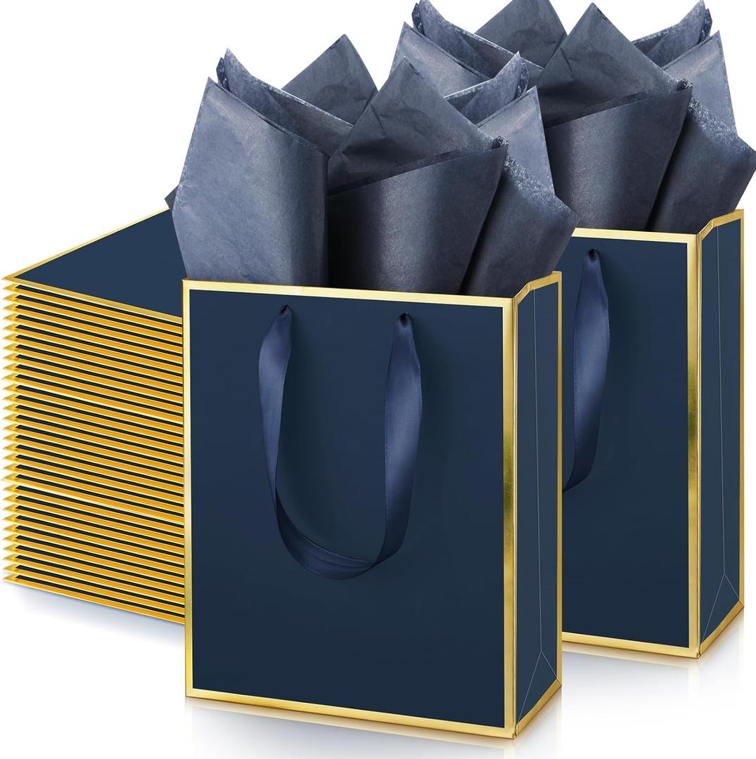 Yeaqee 50 Pack Metallic Gift Bags with Handle and Tissue Paper Gold Foil Thank You Bag for Thanksgiving Day Christmas Wedding 5 Senses Gifts Holiday Party Favors 9x7x3.15''(Navy Blue Gold)