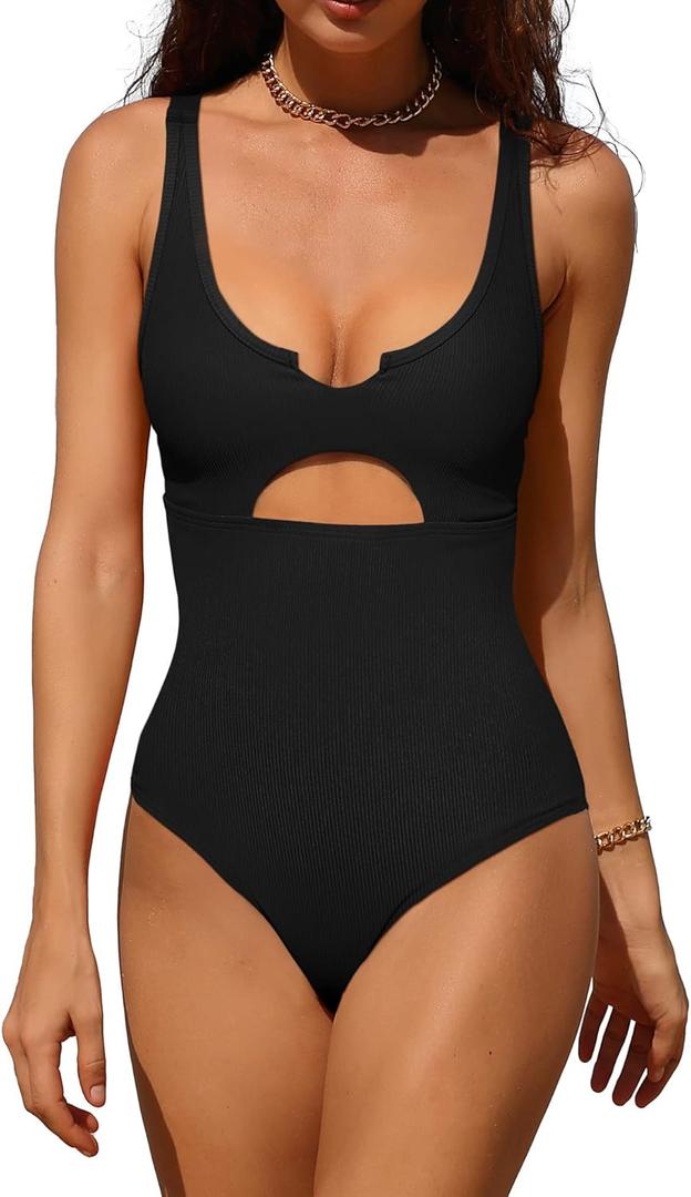 Charmo Ribbed One Piece Swimsuits for Women Cutout Scoop Neck Bathing Suit High Cut Padded Monokini (Medium, #1a Black)