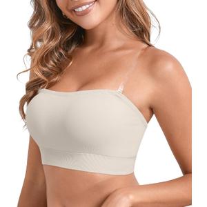DEANGELMON Strapless Bras for Women Wireless Push Up Non-Slip Bandeau Bra Seamless Clear Straps TubeTop Padded Bralette (X-Large, Beige)