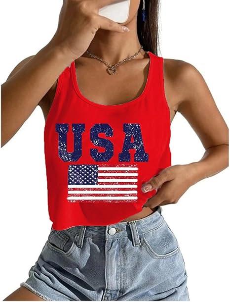 4th of July Crop Tops for Women Funny American Flag Shirts Tank Tops Outfits (Large, White 8)
