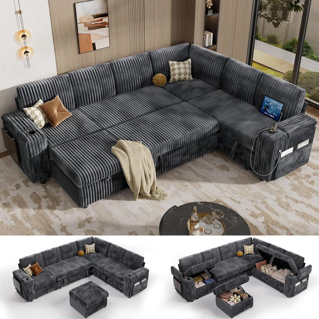 Vipbear 111" Modular Sectional Sleeper Sofa with Pull Out Bed, 7 Seat Corduroy L Shaped Couch with Ottoman|USB Ports|Cup Holders|Side Table|Storage Armrest, Tool Free Assembly, Grey