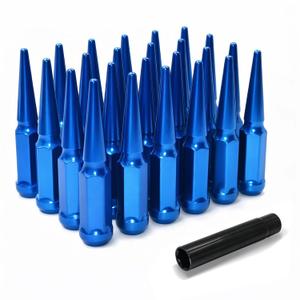 1/2"-20 Wheel Spike Lug Nuts, 24 PCS Lug Nut Wheel Accessories with 1 Socket Key, Blue Thread Spiked 4.4" Tall Closed End Nuts Compatible with Wrangler Cherokee Liberty