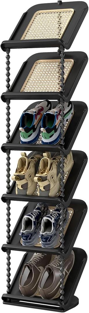 Retro Rattan Vertical Shoe Rack, Free Standing Shoe Storage Cabinet, Small Shoe Rack, Storage Rack, Suitable for Small Spaces and Narrow Spaces (Black, 6-Tier)