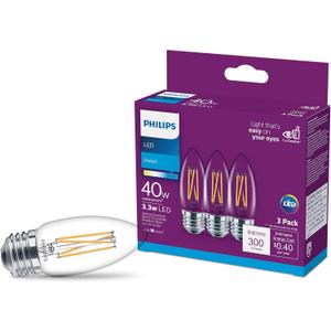 Philips LED Clear Non-Dimmable B11 Light Bulb - EyeComfort Flicker Free - 3.3W = 40W - 300 Lumen - Daylight (5000K) - E26 Base - Indoor - Title 20 - Pack of 3
