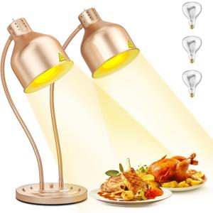 Food Heat Lamp, 500W Dual-Head Stainless Steel Commercial Food Warmer Lamp with 540 Rotation & 3Pcs Bulbs, Portable Warming Light for Restaurant Kitchen Buffet Counter Party Catering