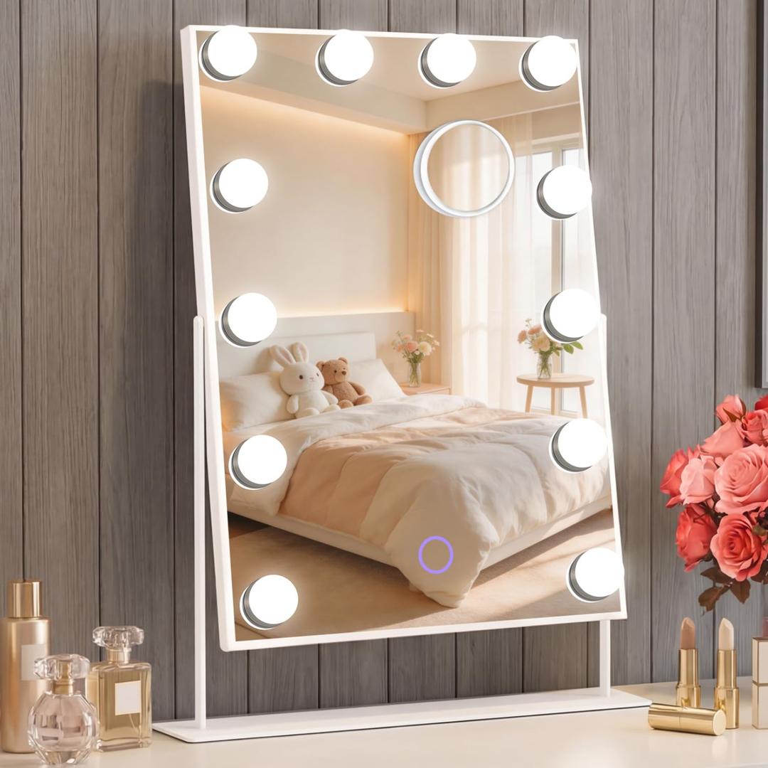 Hollywood Vanity Mirror with Lights 14" x 19", 10x Magnifying, 12 LED Bulbs, 3 Color Lights and 360 Rotation Desk Lighted Makeup Mirror for Bedroom Dresser College Dorm
