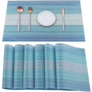 HeloHo Blue Placemats Set of 6, Stain-Resistant Kitchen Table Mats Washable Placemats Crossweave Woven Vinyl Placemat for Kitchen Dining Table