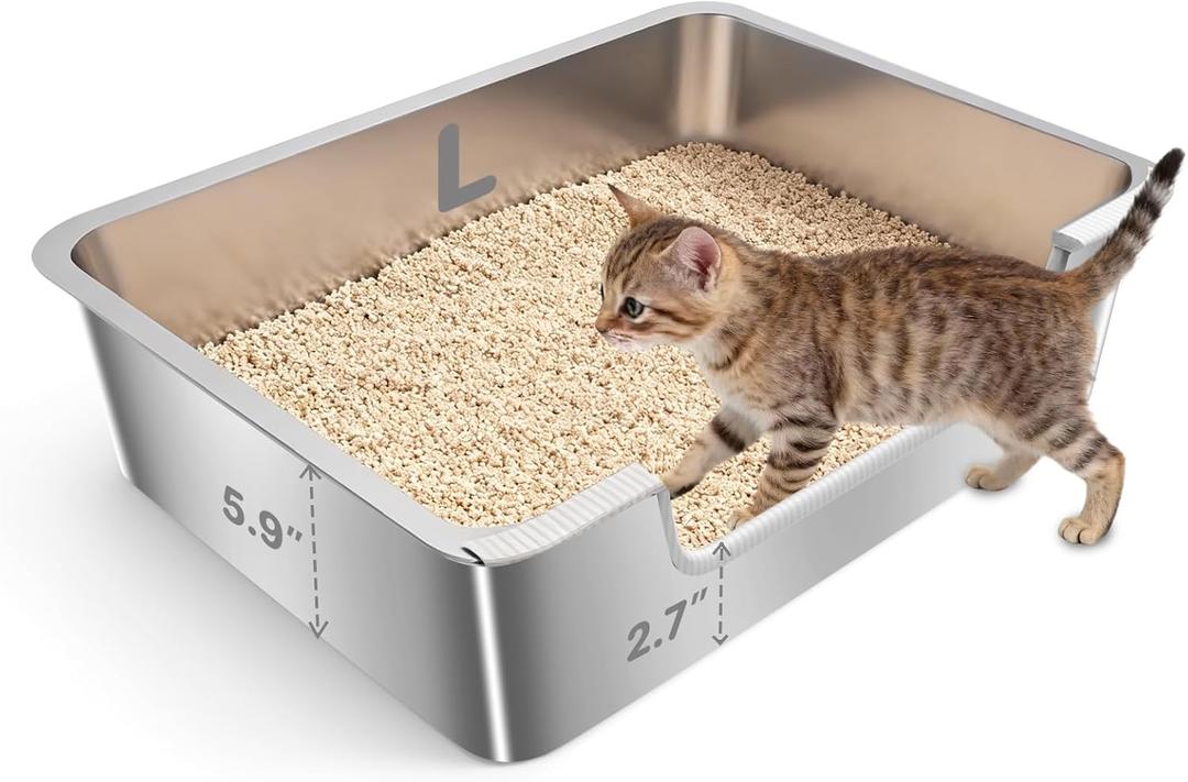 Low Entry Litter Box for Senior Kittens Disabled Cats - Stainless Steel High Sided Enclosed Easy Step in Entry - Large Metal Kitty Litter Box Easy to Clean(19.7x13.8x5.9)