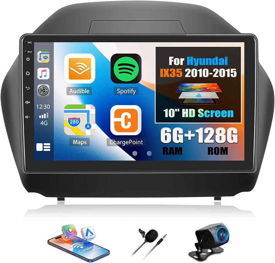 6G+128G Android Car Stereo for Hyundai IX35 2010-2015 with Wireless CarPlay Android Auto Mirror Link 10.1" IPS Touchscreen Car Radio with Bluetooth 36EQ DSP FM/RDS GPS/WiFi SWC 59UI AHD Backup Camera