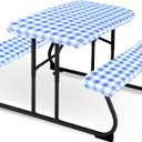 Moukeren 3 Pieces Picnic Table Cover for Kids with Bench Covers Fitted Tablecloth for Outdoors Vinyl Waterproof Cloth for Camping Home Goods Indoor Outdoor Patio BBQ(Blue, White)