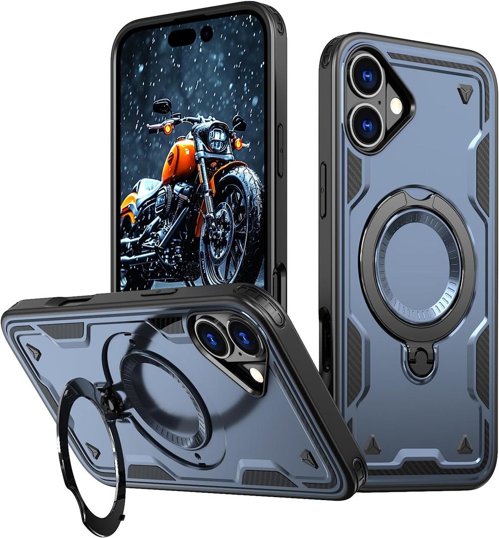 360° Rotatable Magnetic Ring for iPhone 16 Case [Compatible with MagSafe] Build in Invisible Stand [Drop Protection] Shockproof Military-Grade Protection Anti-Fingerprint Anti-Scratch, Blue