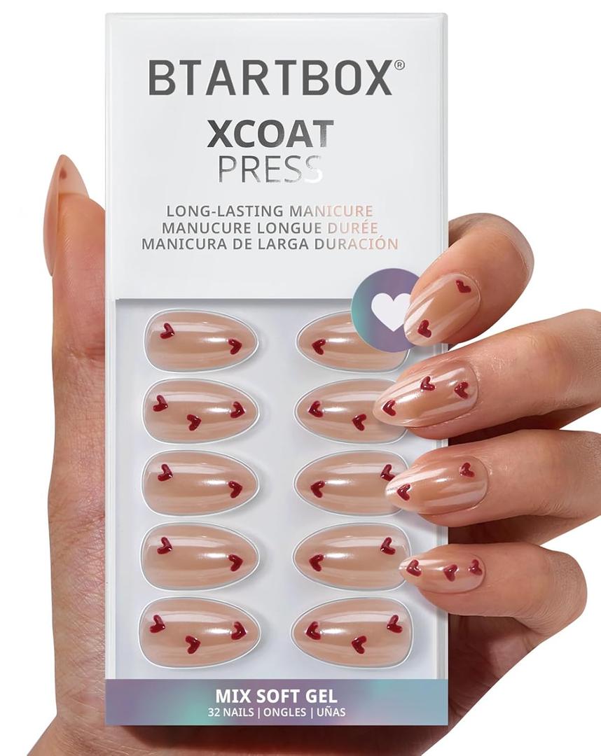 BTArtbox Press On Nails Short - Feel My Love, Lamp-Curable 3D Red Heart Valentines Almond Press On Nails with Glue and Adhesive Tabs for Women in 16 Sizes - 32 Nails All-in-One Kit