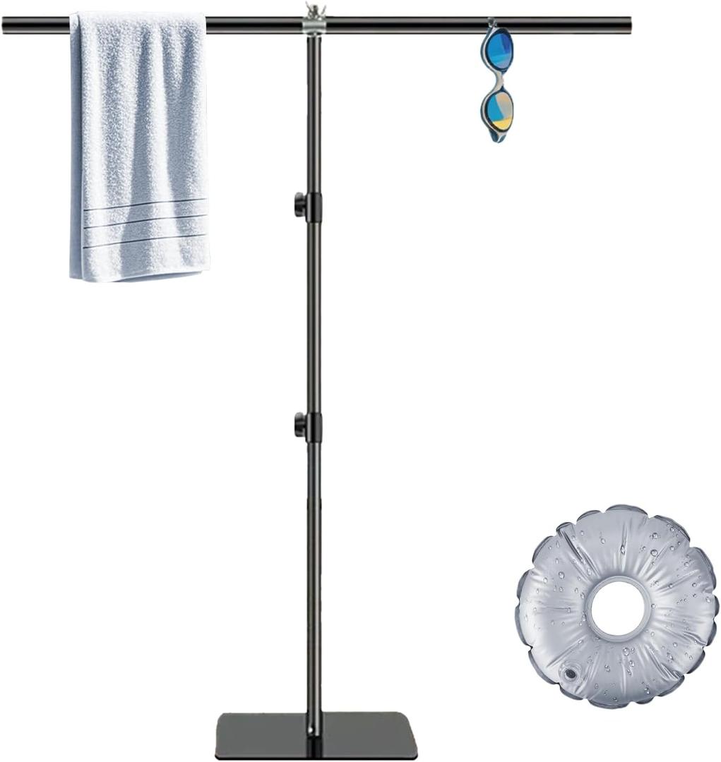 T-Shaped Pool Towel Rack Outdoor Standing Towel Holder for Beach,Swimming Pool Accessories,Heavy Duty Metal Patio Towel The Stand is Equipped with A Circular Water Weight Bag (Black)