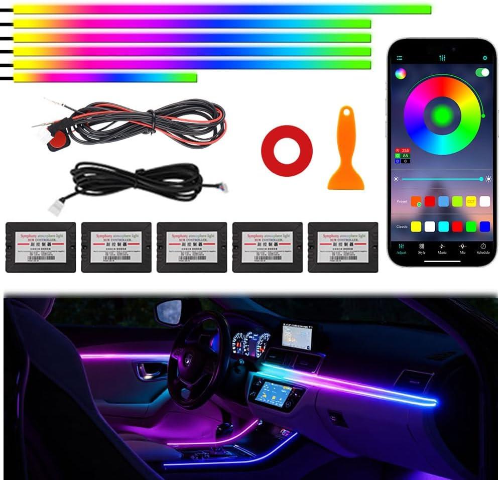 Acrylic Interior Car Ambient Lighting Kits, LED Strip Lights with Wireless APP, Neon Fiber Optic Lights Function LED Strip for Car with Music Modes (6 in 1)