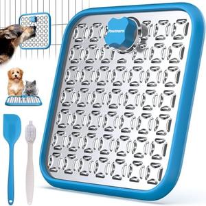 Lick Mat for Dogs & Cats, Stainless Steel Pet Slow Feeder for Crate Boredom & Anxiety Reduce, Cat Licking Pads with Spatula & Scrubbing Brush, Blue