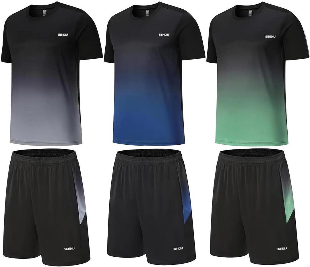 Men's Workout Sets Athletic Clothes Soccer Shirts Shorts 3 Pack Basketball Running Gym Football Outfits Summer (X-Large, Grey-blue-green)