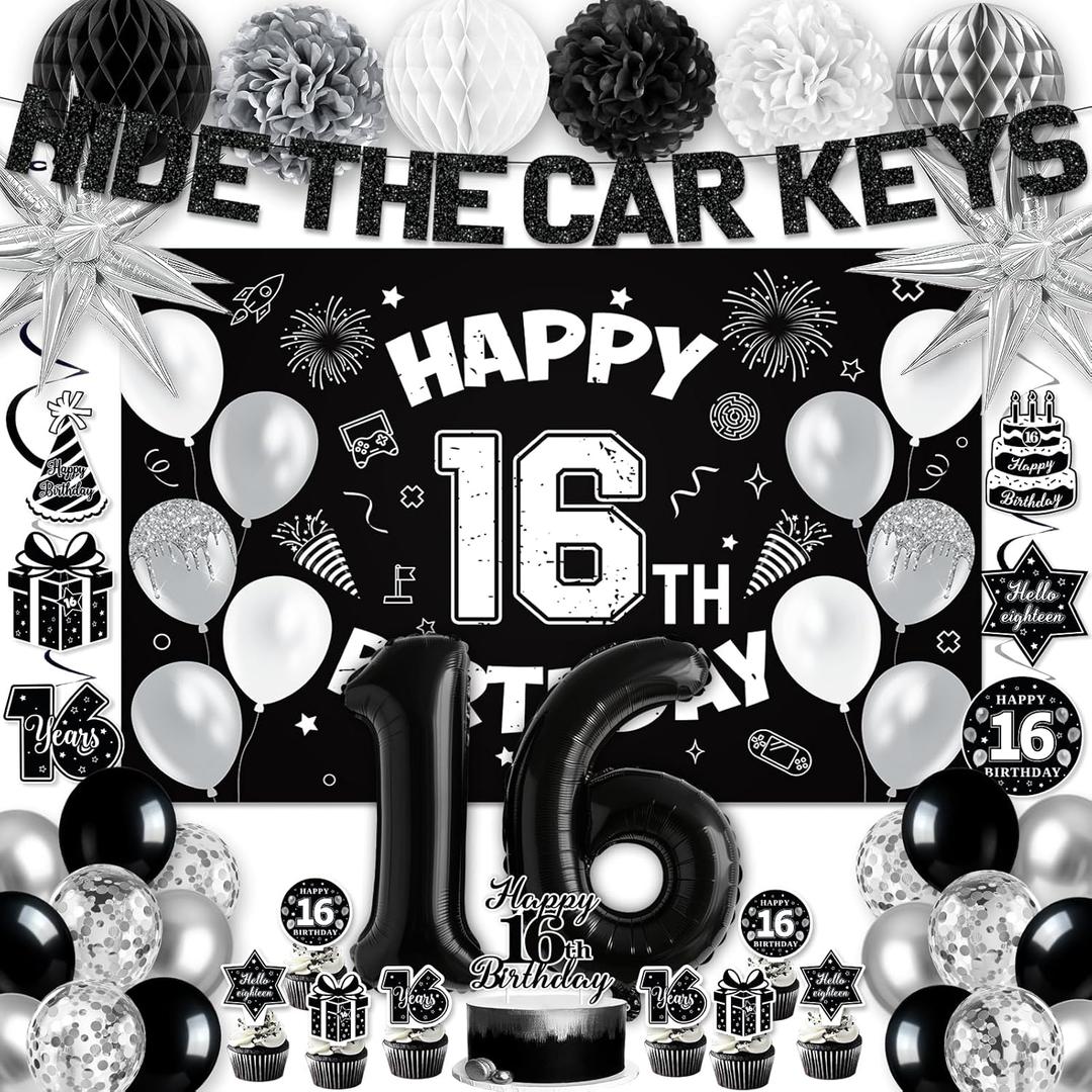 16th Birthday Party Decorations for Boys, Black White 16th Party Supplies with Hide The Car Keys Banner Black 16th Number Balloons Happy 16th Birthday Banner Cake Topper for Boys Girl Birthday Decor