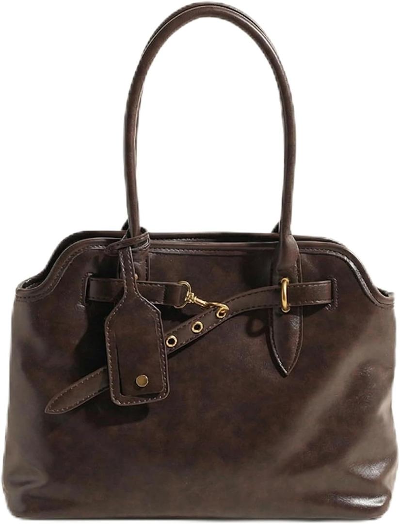 Base'ic Womens Vintage Style Vegan Leather Crossbody Bag Multi-Compartment Tote with Adjustable Strap & Belt Detail