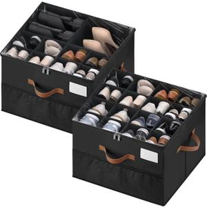 MSTONAL Shoe Organizer for Closet, 2 Pack Shoe Storage Containers with Adjustable Dividers, Space Saving Shoe Box Organizers Bins with Clear Lids & 4 Reinforced Handles, Fits 16-32 Pairs, Pure Black