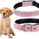 Rhinestones Pet Dog Collars Adjustable Sparkly Crystal Studded Genuine Leather Pet Collar for Small and Medium Dog 1" Wide (pink), Size: L(neck 14.5-18" )