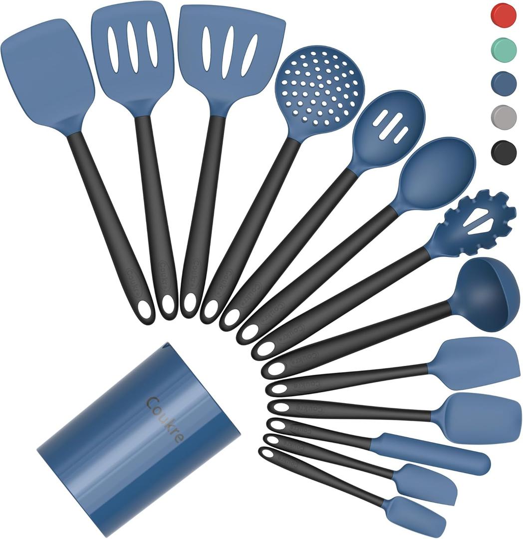 Coukre Silicone Kitchen Cooking Utensils Set with Holder  Heat-Resistant, Food-Grade Kitchen Tools, Spatula, Spoon & Gadgets for Non-Stick Pans, Dishwasher Safe (14, DarkBlue)
