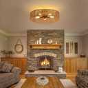 24" Natural Rattan Flush Mount Ceiling Light Fixture Antique Brass Brush Paint Finish Boho Chandelier for Porch Patio Hallway Bedroom Living Room Kitchen Island 5-Light