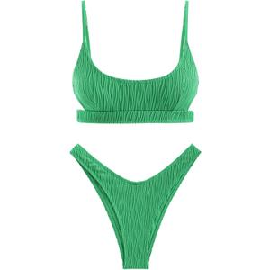 ZAFUL Women's Cutout Bikini Sets Scoop Neck Back Criss Cross Tie Ribbed High Cut Bikini Swimsuit Two Piece Bathing Suits (Green, XL)