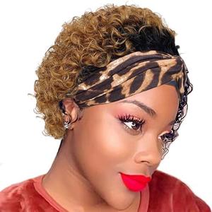 KPROYU Headband Wigs Human Hair for Black Women Blonde Ombre Pixie Cut Curly Headband Wig Put On and Go Glueless Human Hair Wig with Headband,150% Density 6inch，T27