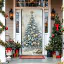 MKGRXZCW Blue Christmas Tree Front Door Cover, Vintage Christmas Tree Winter Holiday Door Covers Hanging Photography Backdrop Decorations for Indoor Outdoor Xmas Party Decor, 35 * 79 Inch