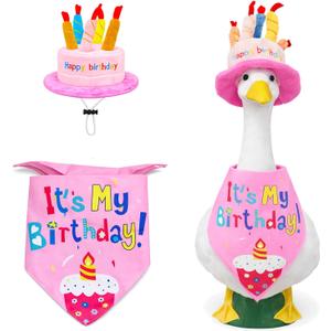 Porch Goose Birthday Outfit for 23" Lawn Goose Statue | with Hat and Scarf, Happy Birthday Goose Outfit Costume Porch Goose Outfits Yard Geese Outfits (Pink)