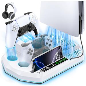 Cooling Station for PS5 with Dual Controller Charger Compatible with Playstation 5/Slim/Pro, PS5 Cooling Stand Station Vertical & 3 Level Cooler Fan, Controller Charging Dock, For PlayStation 3 Games (White)
