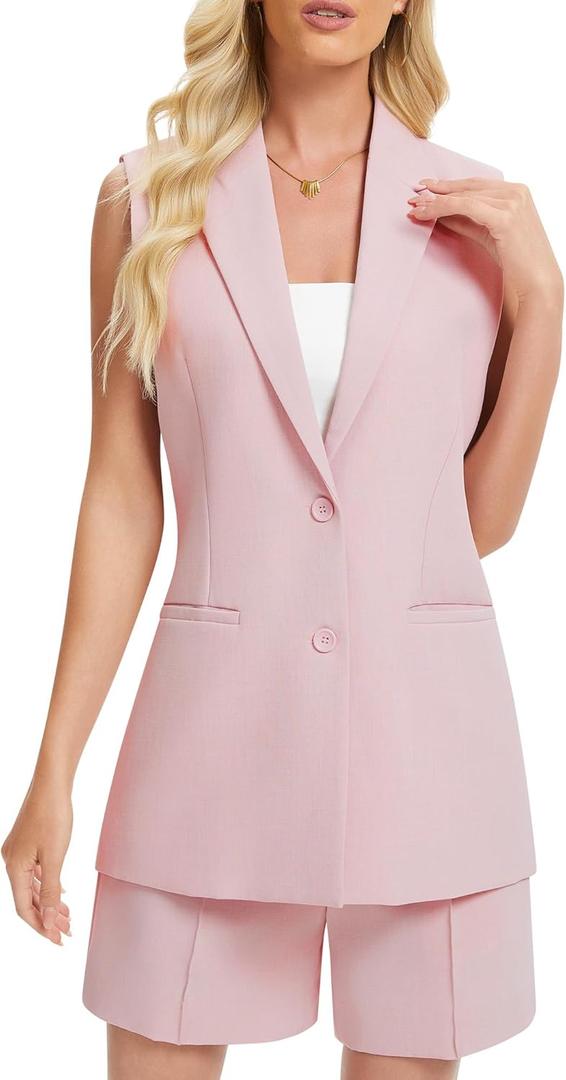 Women's 2 Piece Outfits Sleeveless Suit Vest and Shorts Sets Notch Lapel Two Button Business Casual Blazer Sets (Medium, Pink)