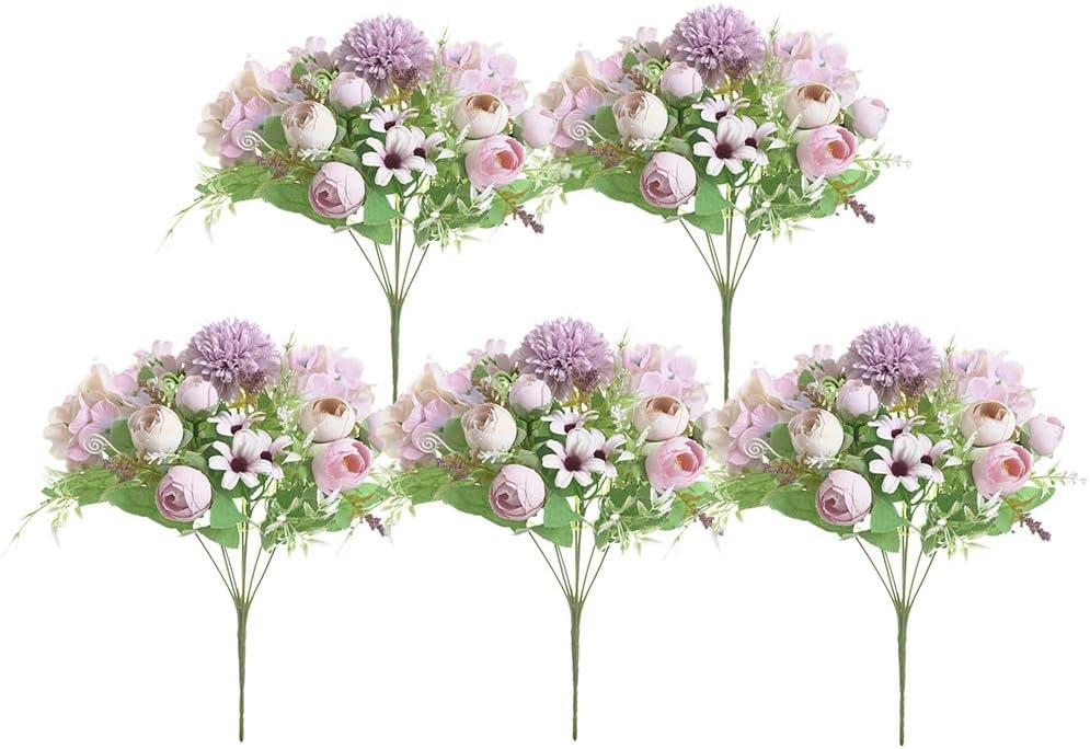 5 Pcs Simulation Rose Flowers Combination Bouquets for Home Party Office Wedding Meeting Table Decoration, High-end Lifelike Artificial Hydrangea Flowers Decor Pack[Rose-Lighte Purple]